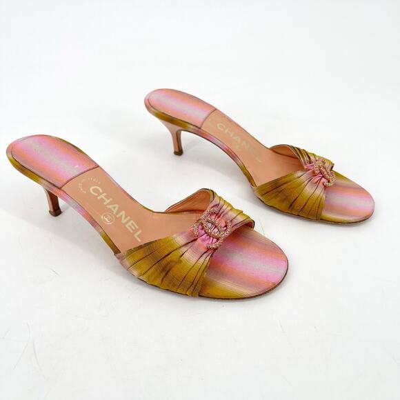 Chanel EU 37.5 Vintage Pink Ombre Ruched Crystal CC Slide Sandals Mules y2k - Picture 1 of 14